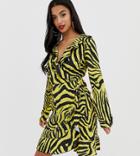 John Zack Petite Ruffle Wrap Front Midi Tea Dress In Yellow Zebra Print-multi