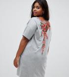 Asos Design Curve T-shirt Dress With Rose Embroidery - Gray
