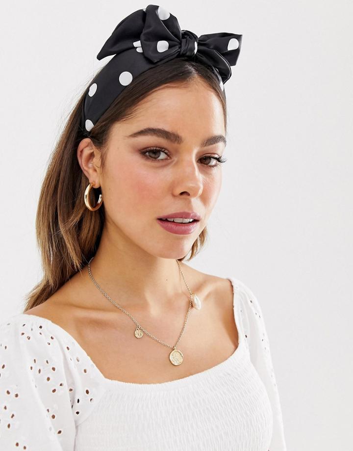 Asos Design Headband With Oversized Bow In Polka Dot Print - Black