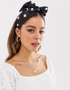 Asos Design Headband With Oversized Bow In Polka Dot Print - Black