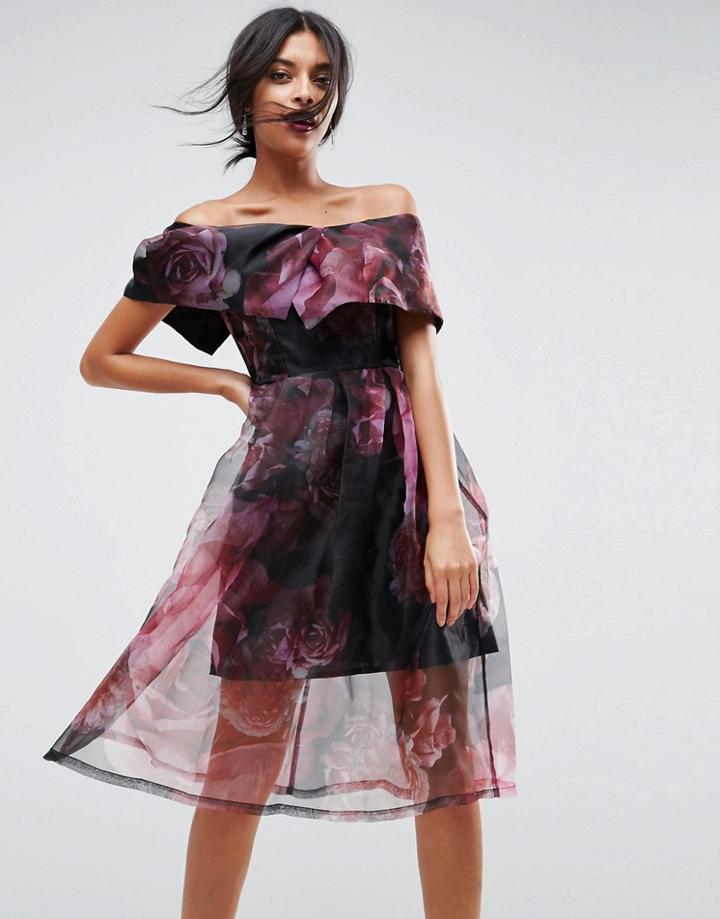 Asos Floral Organza Prom Midi Dress-black