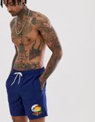 Asos Design Swim Shorts In Navy With Placement Wave Print Mid Length