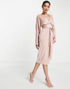 Asos Design Midi Dress With Batwing Sleeve And Wrap Waist In Satinin Pink