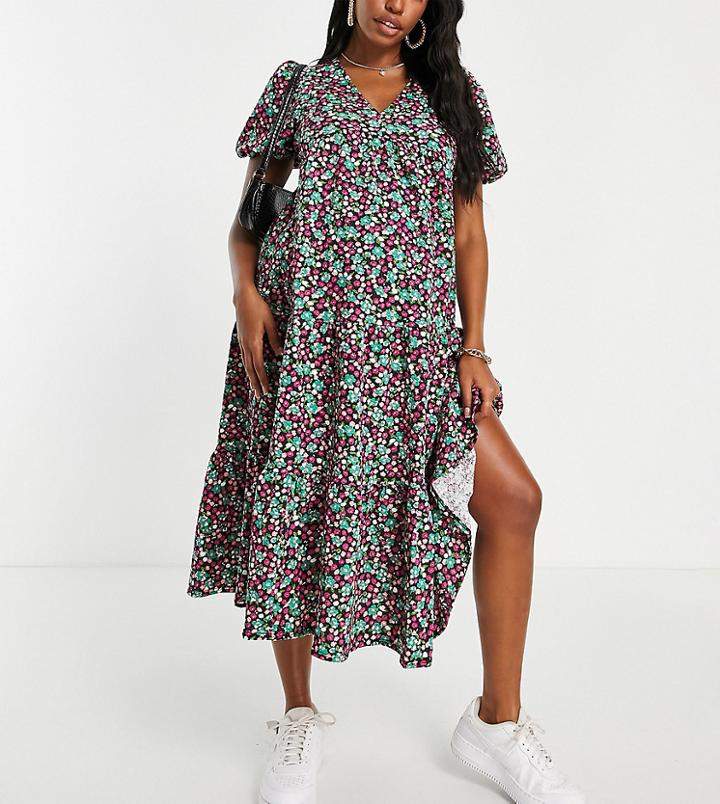 Asos Design Maternity Oversized Textured Midi Smock Dress In Pink And Green Floral