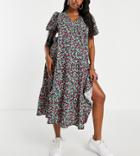 Asos Design Maternity Oversized Textured Midi Smock Dress In Pink And Green Floral