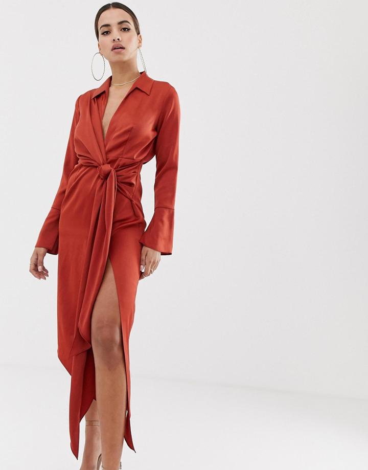 Asos Design Midi Satin Shirt Dress With Tie Waist-brown
