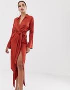 Asos Design Midi Satin Shirt Dress With Tie Waist-brown