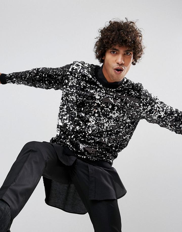 Asos Sequin Sweater In Black - Black