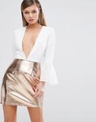 Rare Deep Plunge Dress With Metallic Skirt - White
