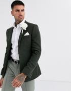 Asos Design Wedding Super Skinny Wool Mix Blazer With Puppy Tooth In Khaki
