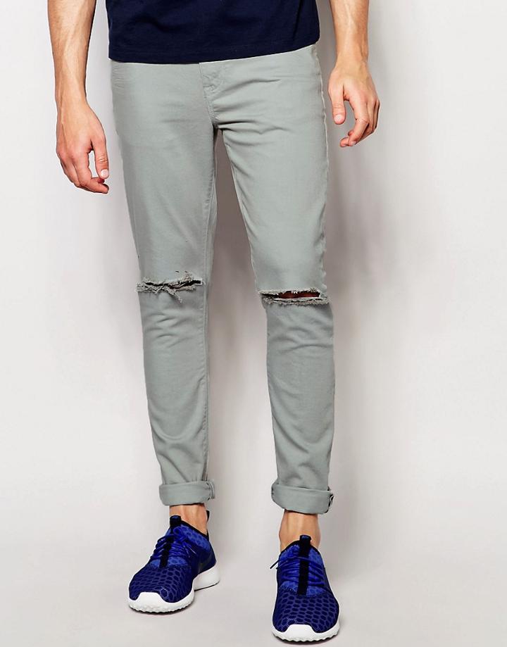 Asos Super Skinny Jeans With Knee Rips In Light Blue - Blue