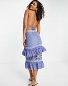 Asos Design Strappy Back Lace Tired Midi Peplum Dress-blues