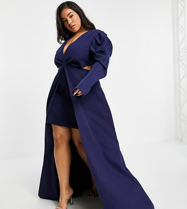 Yaura Plus Puff Shoulder High Low Mini Dress With Train In Navy