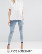 Asos Maternity Ridley Skinny Jeans In Sebastian Light Acid Wash With Shredded Rips And Let Down Hem With Under The Bump - Blue