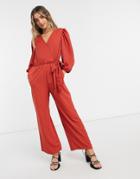 Monki Tia Wrap Front Jumpsuit In Rust-red