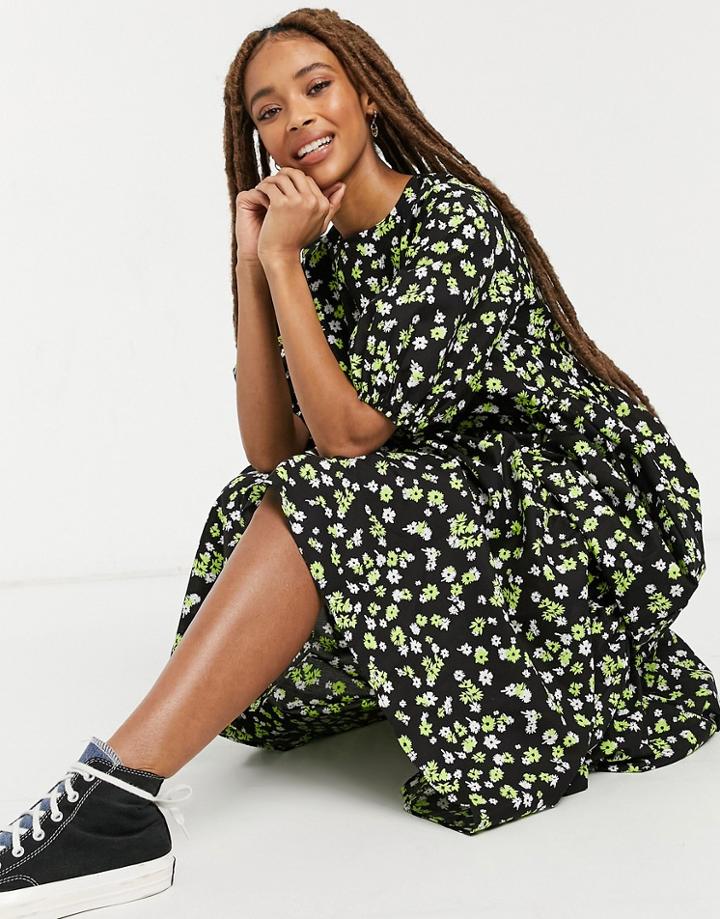 Asos Design Tiered Cotton Smock Midi Dress In Floral Print-multi