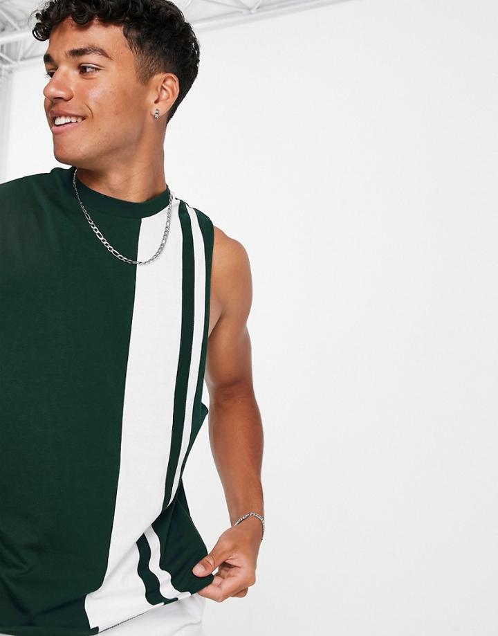 Asos Design Oversized Tank In Green & White Color Block-multi