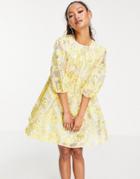 Asos Design Metallic Jacquard Mini Dress With Puff Sleeves In Yellow-multi