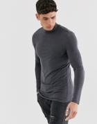 Asos Design Muscle Fit Long Sleeve Turtleneck T-shirt With Stretch In Charcoal Marl - Gray