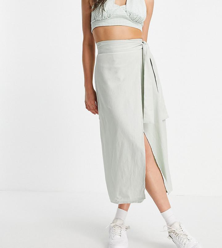 Asos Design Tall Wrap Midaxi Skirt With Wrap Around Tie Detail In Washed Sage-green