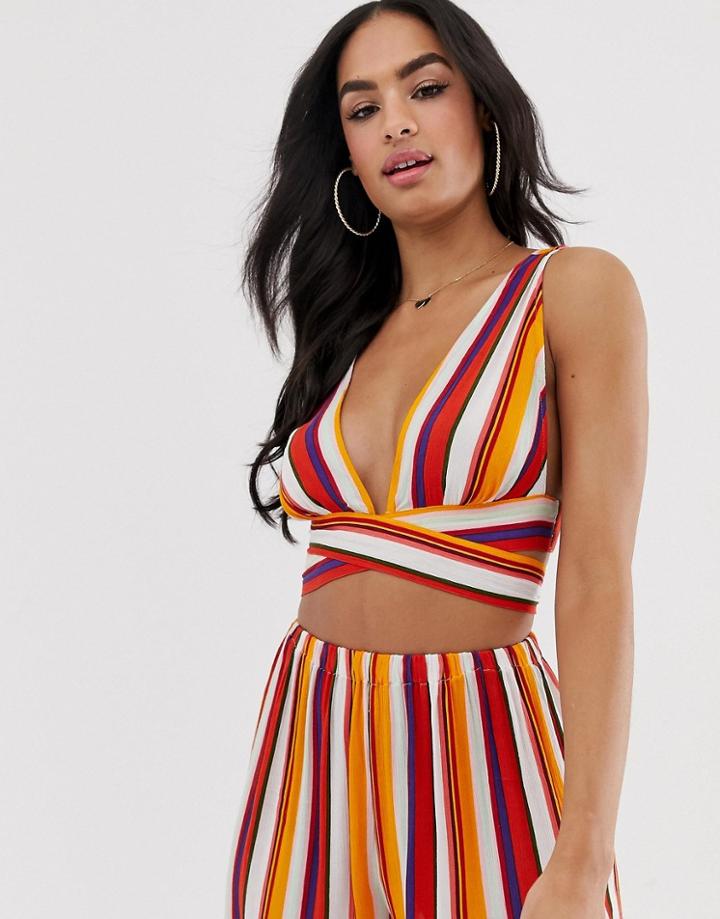 Asos Design 70s Stripe Plunge Beach Top With Tie Back Two-piece - Multi