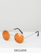 Reclaimed Vintage Round Glasses With Orange Lens - Gold