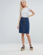 Brave Soul Denim Button Through Midi Skirt - Blue