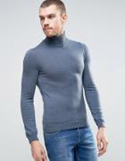 Asos Muscle Fit Roll Neck Sweater In Merino Wool - Blue