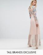 Frock And Frill Tall Floral Embroidered Mesh Maxi Dress With Gathered Cuff And Open Back Detail - Pink