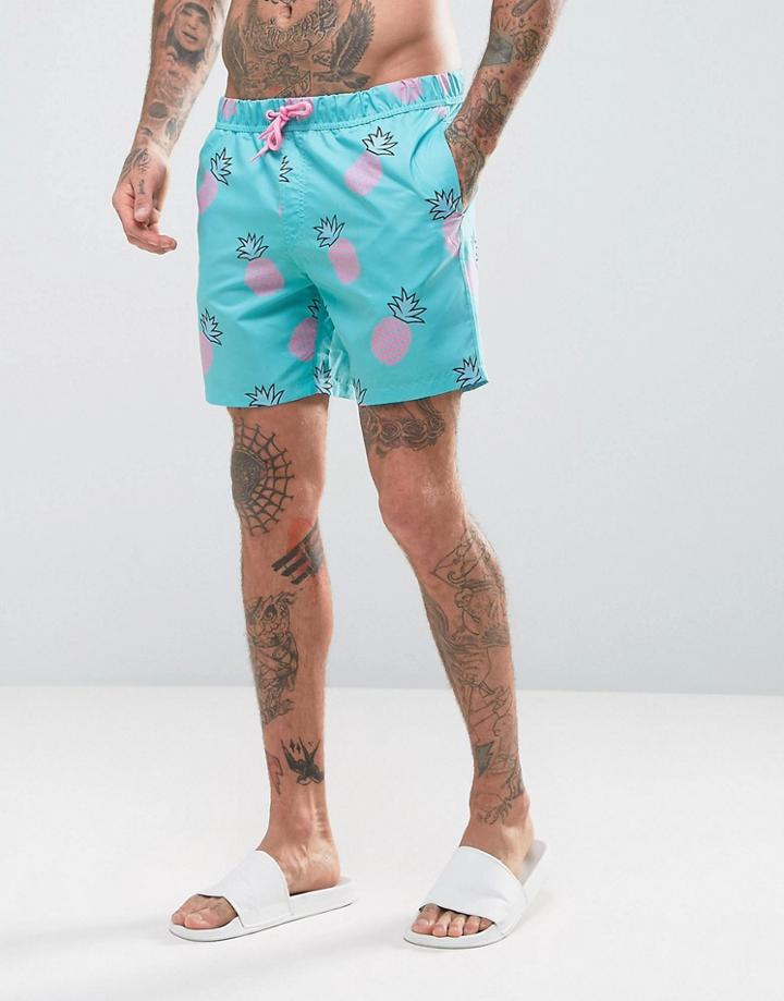 Asos Swim Shorts With Pineapple Print In Mid Length - Blue