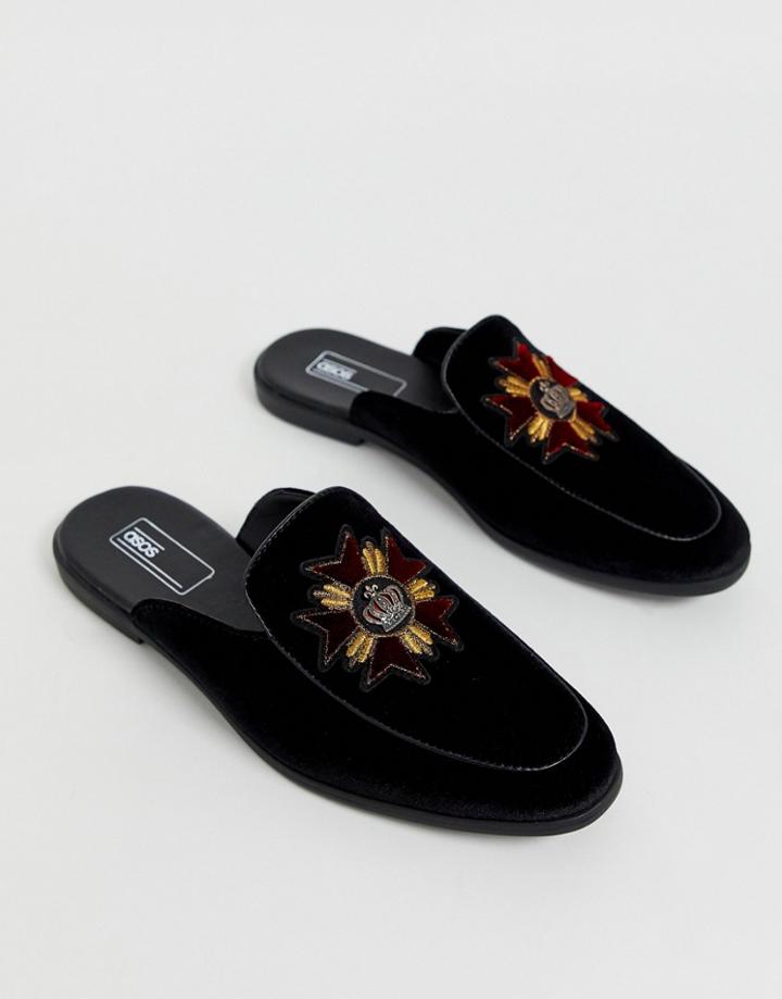 Asos Design Backless Mule Loafer In Black Velvet With Badge
