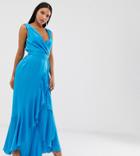 Flounce London Tall Wrap Front Satin Midaxi Dress In Aqua - Blue
