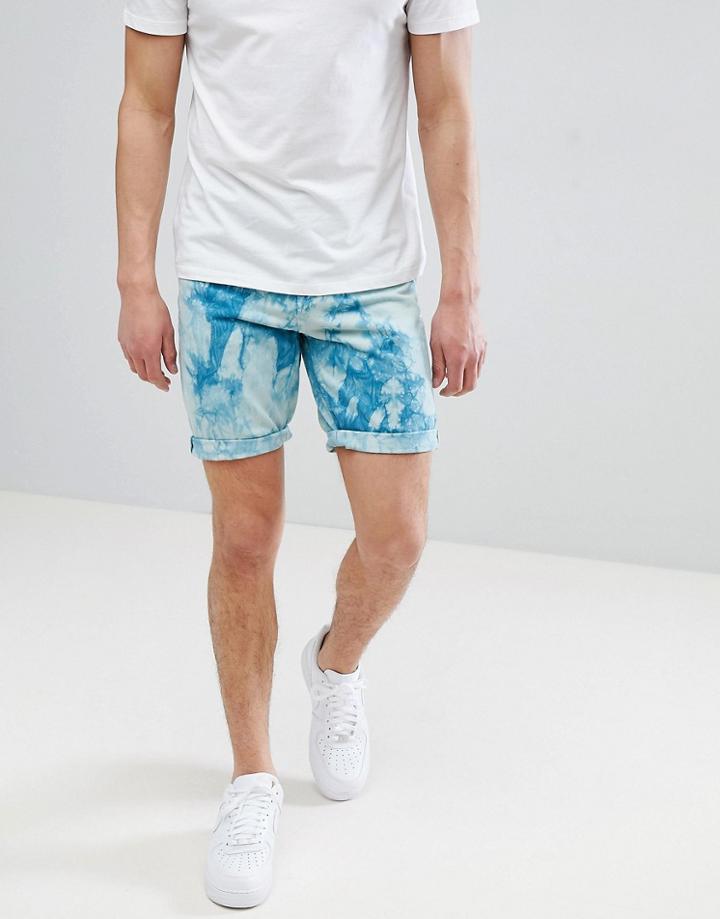 Asos Design Denim Shorts In Slim Teal Tie-dye-green