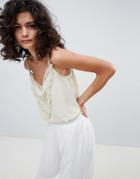 Mango Lace And Ruffle Cami Top In Pale Green - Green