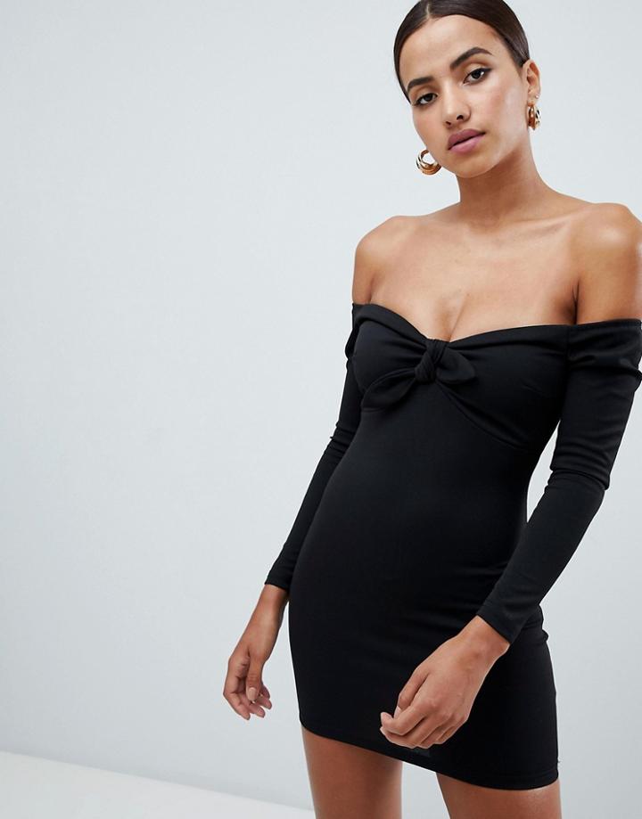 Ax Paris Bardot Long Sleeve Ribbed Mini Dress - Black