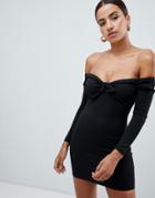 Ax Paris Bardot Long Sleeve Ribbed Mini Dress - Black