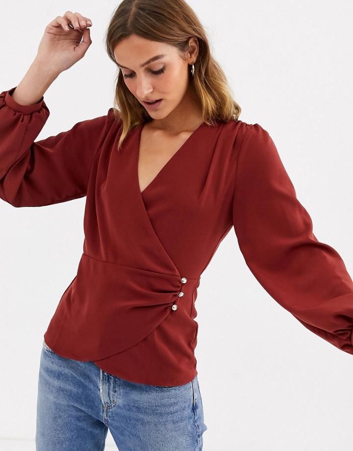 River Island Long Sleeve Wrap Blouse In Burgundy-red