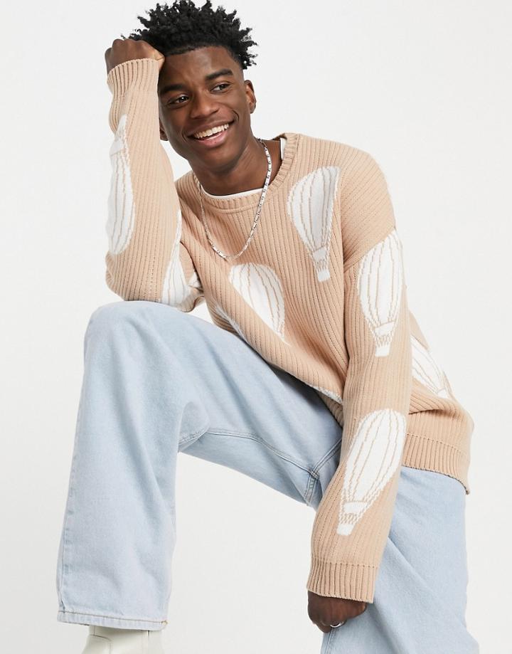 Asos Design Oversized Knit Sweater With Hot Air Balloon Pattern In Peach-neutral
