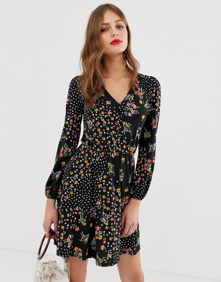 Oasis Skater Dress In Mixed Floral And Polka Dot - Black