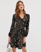 Oasis Skater Dress In Mixed Floral And Polka Dot - Black