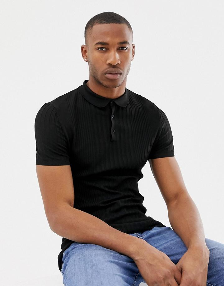 River Island Ribbed Polo In Black