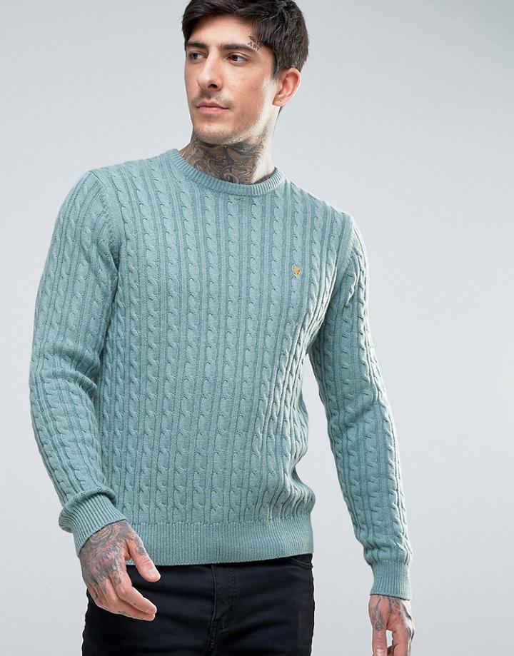 Farah Lewes Crew Sweater Cable Knit Slim Fit In Teal Marl - Green