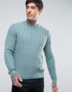 Farah Lewes Crew Sweater Cable Knit Slim Fit In Teal Marl - Green
