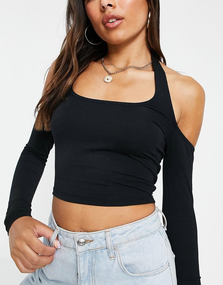 Asos Design Long Sleeve Halter Neck Top In Black