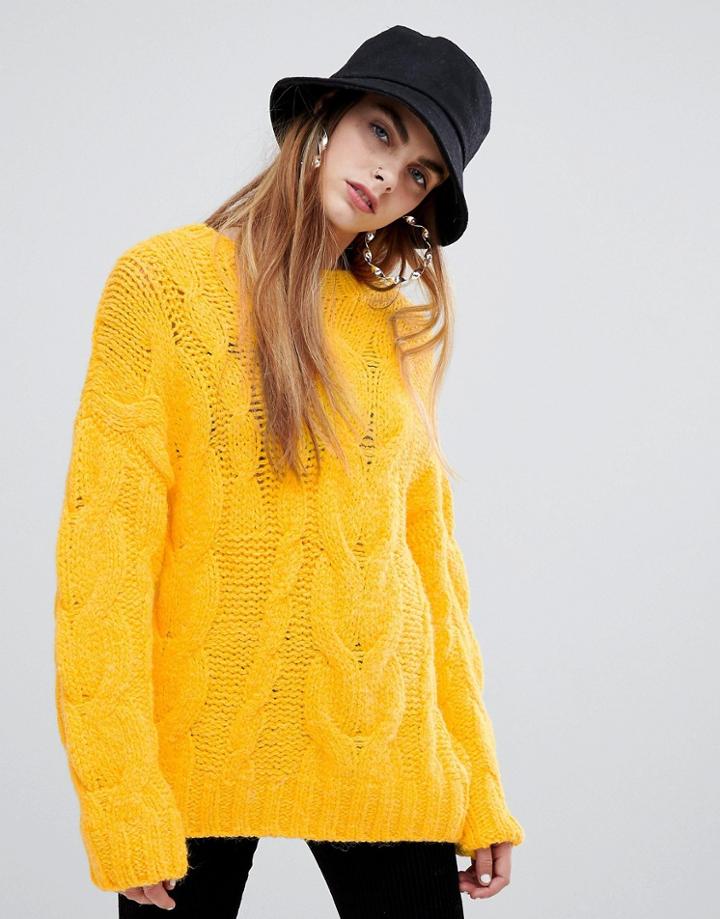 Bershka Oversized Cable Sweater In Yellow - Yellow
