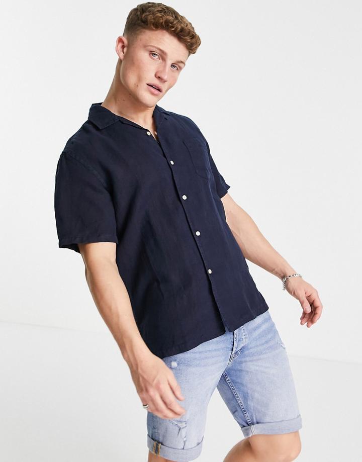 Gant Riviera Linen Regular Fit Short Sleeve Shirt In Marine Navy