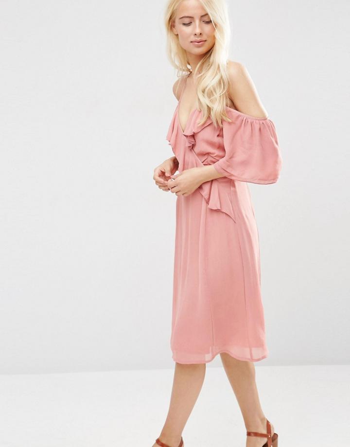Asos Midi Cold Shoulder Dress With Ruffle Detail - Pink