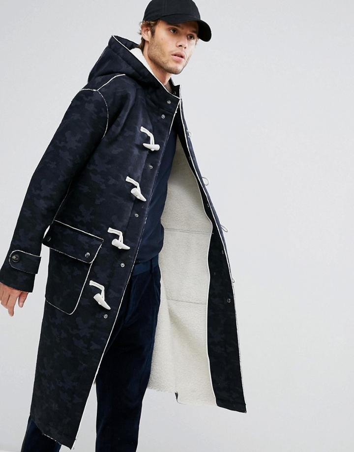 Asos Faux Shearling Duffle Coat In Camo Print - Black