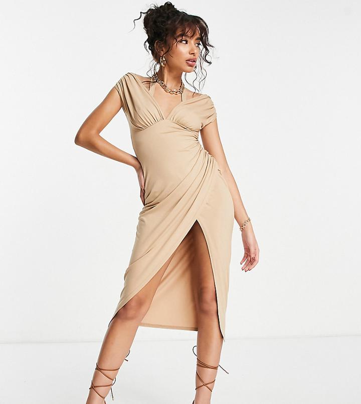 Asos Design Petite Off The Shoulder Wrap Ruched Midi Dress In Stone-white