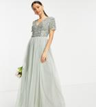 Maya Petite Bridesmaid Short Sleeve Maxi Tulle Dress With Tonal Delicate Sequins In Sage Green